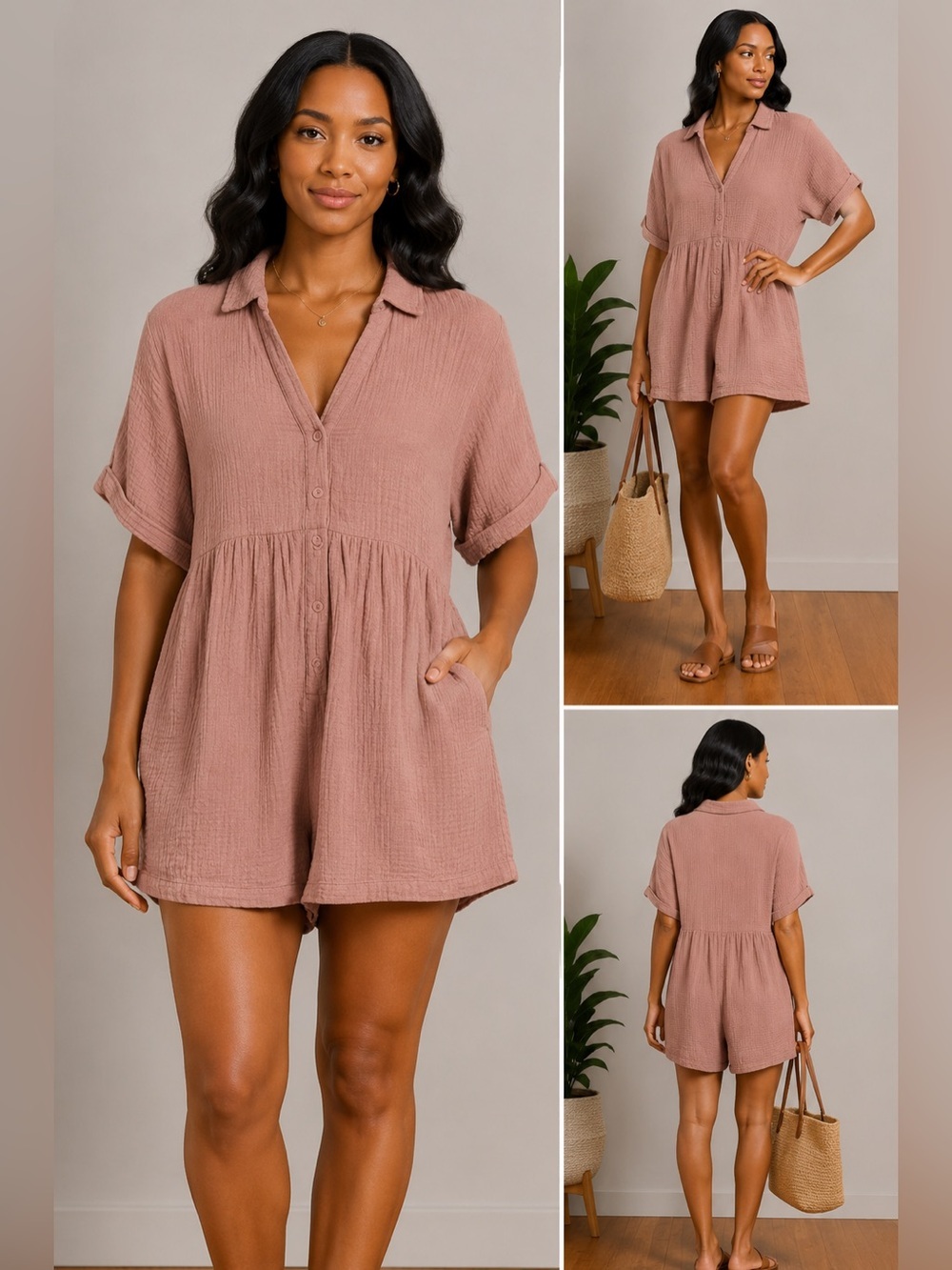 Petal & Pup Cotton Gauze Romper Blush Button Front Boho Chic